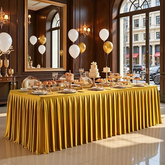 6FT Gold Satin Tablecloths for Rectangle Tables Shiny Spandex Table Cover