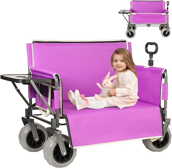 3-in-1 Folding Wagon with Bench Seat 500lbs Capacity,Reinforced Carbon Steel Frame, 180L Cargo Space Perfect for Camping, Beach, Outdoor Events & Heavy-Duty Hauling (12 Purple + Cup Holder)