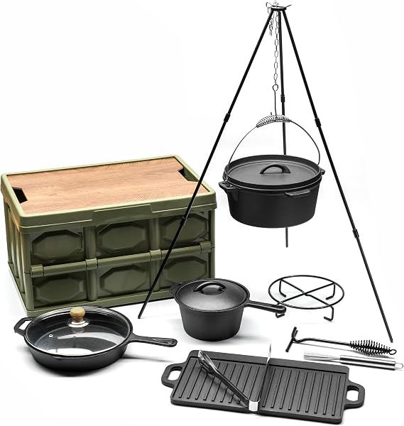 8 Piece cast iron dutch oven camping set. 4.5 Qt cast iron pot with lid and Lifter Handle;2.1qt pot handle with lid;10In Pans ;Camping Tripod with;Grill Cookware Skillet Sets,Car carry-on storage box