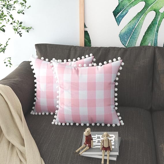 Buffalo Check Throw Pillow Covers with Pom Poms Cotton Retro Farmhouse Gingham Cushion Case for Sofa Couch Car Plaid Decorative Set of 2 Pillowcase Big Size 22" x 22" Pink White