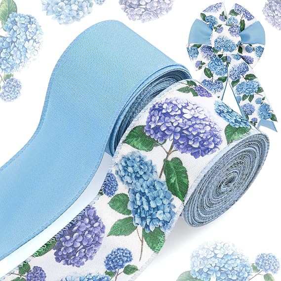 2 Rolls 20 Yards Hydrangea Flower Wired Edge Ribbon Watercolor Blue Purple Floral Summer Fabric Craft Ribbon for Gift Wrapping Bow Wreath Making Craft Supplies