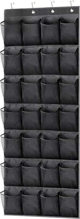 MISSLO 28 Large Pockets Hanging Shoe Organizer Over The Door Shoe Rack for Closet Door Storage Mesh Shoe Holder Hanger for Men, Black