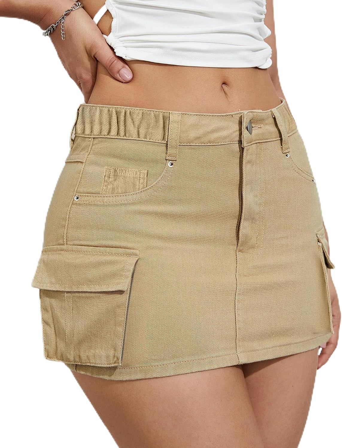 Womens Skirt Elastic Low Waist Cargo Skirt Button Mini Cargo Denim Short Skirt with Flap Pocket