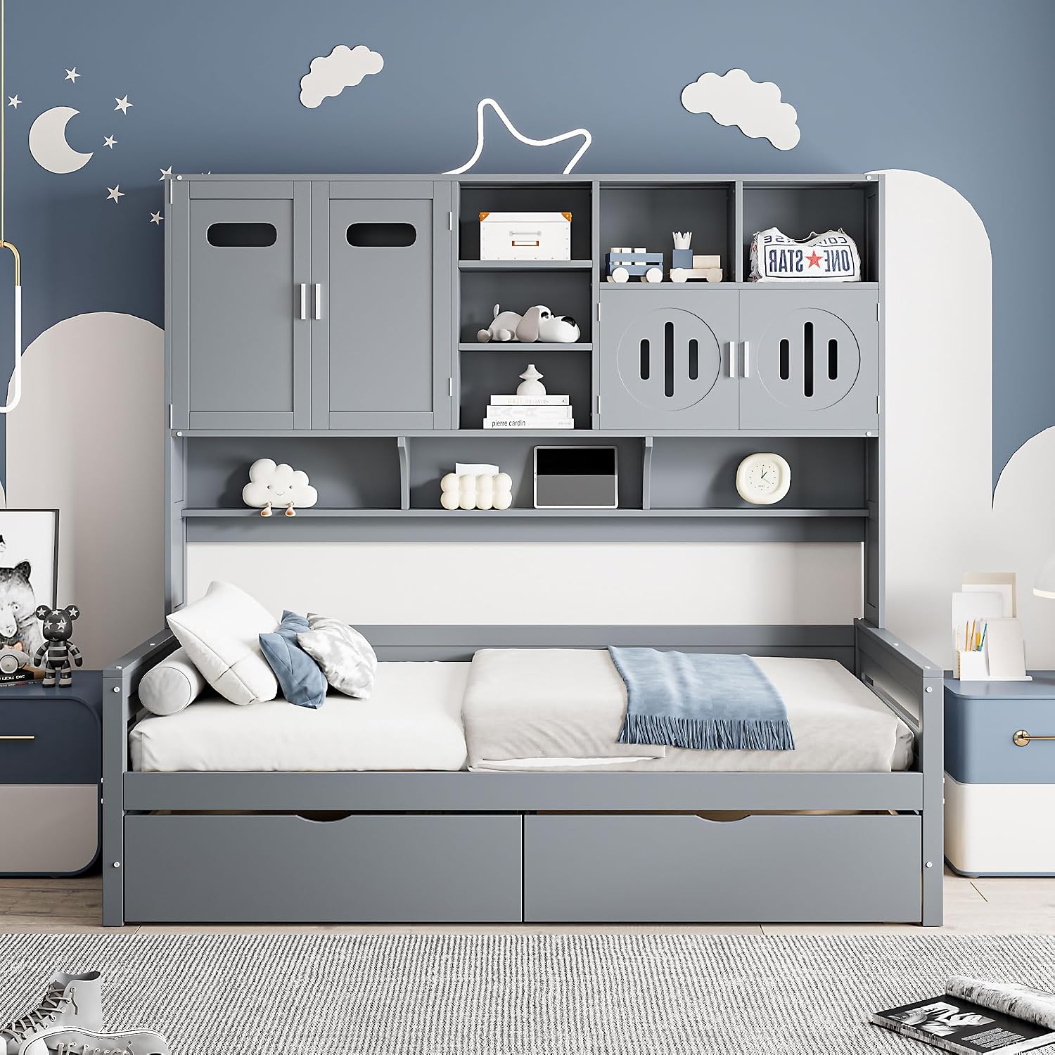 Harper & Bright Designs Twin Size Daybed with 2 Storage Drawers and All-in-One Cabinet and Shelf, Wooden Twin Daybed Frame with Bookcase Headboard, Twin Storage Bed for Kids Teens Adults,Gray