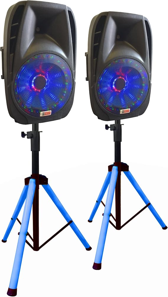 Pair of 15 Inch Lighted DJ Speakers with Stands, Adkins Professional Audio, DJSYS-81