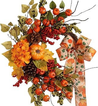 22IN Artifical Fall Mini Pumpkins Berries Wreath for Front Door for Autumn Thanksgiving Harvest Farmhouse Home Outdoor Indoor Window Wall