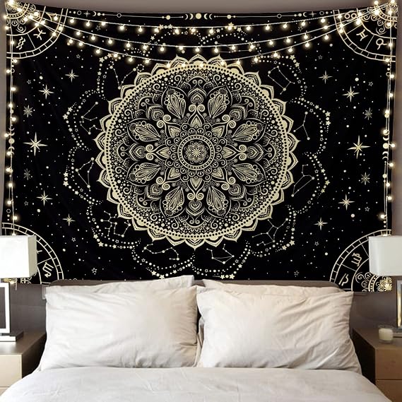 FLY SPRAY Black Golden Mandala Tapestry Astrology Space Wall Hanging Tapestries Wall tapestrys Large Aesthetic Hippie Decor Bohemian Wall Art Boho Home Talestry for Bedroom,Living Room,Ceiling