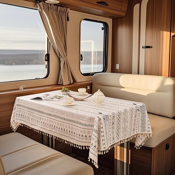 UNBBRRL RV Dinette Tablecloth Waterproof, Dinette Table Covers for RV Camper, Tablecloths for Rectangle Tables with Tassel, Dining Table Cloth with 6 Clips (Boho 3,34" x 47")