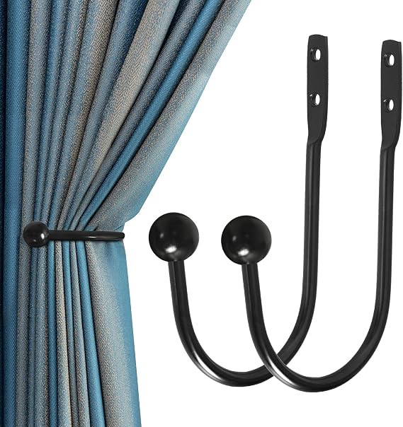 Curtain Holdback, 2 Pcs Wall Mounted Drapery Tiebacks with Screws, Heavy Duty Metal Decorative Window Drapery Holder Curtain Hook, Black