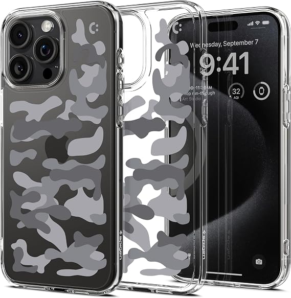 Spigen Collaboration iPhone 15 Pro Max Case Translucent MagSafe US Military MIL Spec Ultra Hybrid ACS07566-XI1131 Crystal Clear/Military Camo Black
