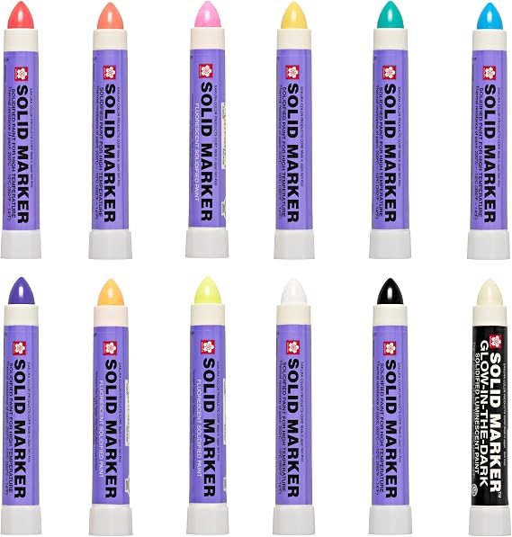 SAKURA Solid Paint Markers - 11 Permanent & 1 Glow-in-the-Dark Paint Marker Pens - For Window, Wood & Glass - Assorted Colors - 12 Pack