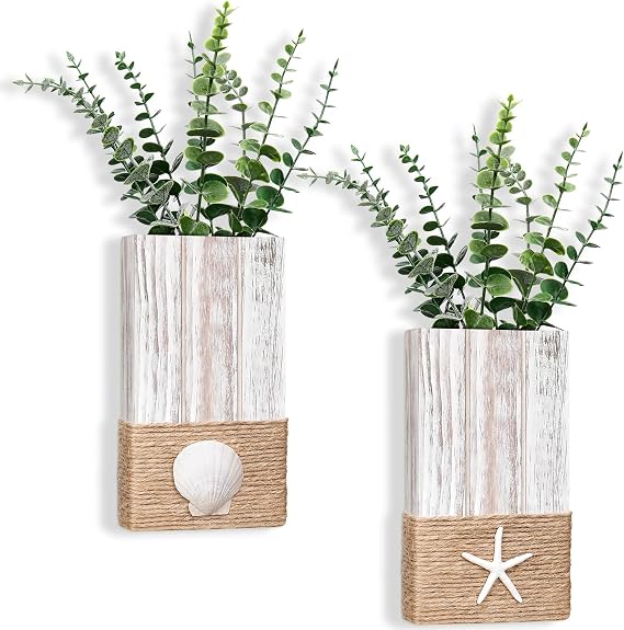 AceOrbit 2 Pcs Beach Rustic Wood Wall Planter Vase Beach Room Decor Nautical Coastal Farmhouse Wall Hanging Decor Pocket Planter for Living Room Office Decoration Excluding Plant (Seashell,Rustic)