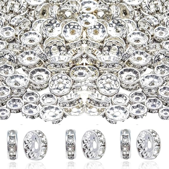 400Pcs 6mm Sparkling Crystal Spacer Beads, Crystal Rhinestone Spacer Beads Flat Round Loose Bead for Jewelry Bracelets Making Decorations (Silver)