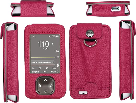 SNK Fitted Leather Case W/Screen Protector & Pocket for Dexcom G7 / G6 Receiver (Retail Packaging Includes Lanyard) (Hot Pink)