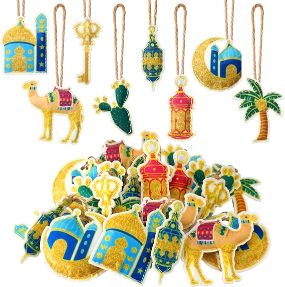 HunnmingRe 24 Pcs Ramadan Tree Ornaments Felt Eid Mubarak Decoration Eid Al Fitr Hanging Castle Lantern Star Moon Islamic Ornaments for Tree Ramadan Mubarak Decor for Home Party Supplies (Glitter)
