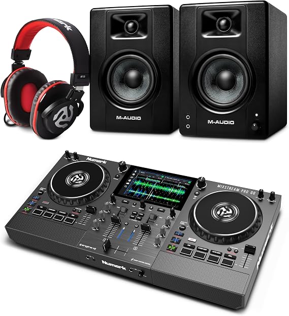 Numark Mixstream Pro Go DJ Controller and M-AUDIO BX4 Pair Studio Monitors with Headphones for Studio Recording, Music Production, Podcasting, Streaming