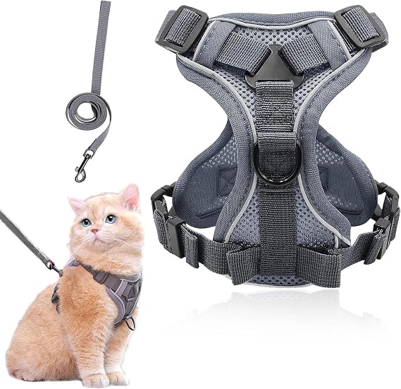 Cat Harness and Leash Set for Walking, Adjustable Kitten Vest Harness with Reflective Strip Breathable Mesh, Escape Proof Soft Pet Safety Vest, Dark Gray
