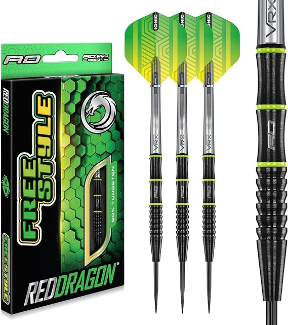 RED DRAGON Freestyle Steel Tip Darts Set - 90% Tungsten Slim Barrels for Precision & Control, Match Weighed to 0.1g Accuracy - Flights & Shafts Included - Available in 21g, 22g, 23g & 24g