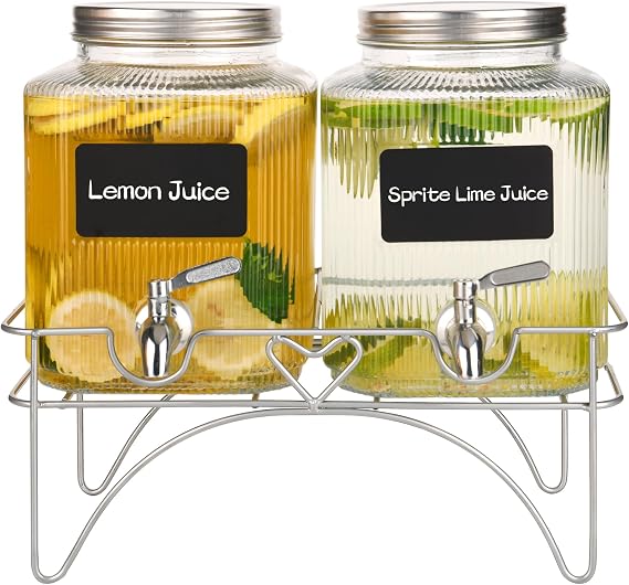 Pack of 2 4L Glass Drinks Dispenser with Tap & Stand