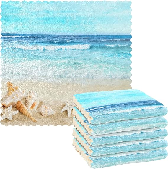 VIGTRO Summer Beach Theme Super Absorbent Kitchen Towels, Sand Starfish Premium Dish Cloths Towels, Washable Fast Drying Dish Rags Reusable Cleaning Cloth 11x11'' 6 Pack