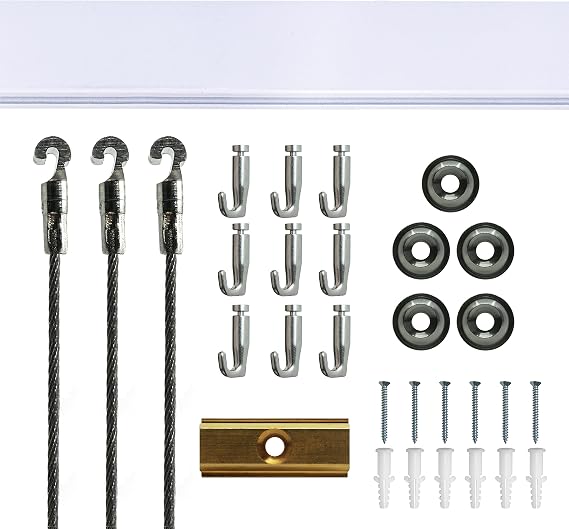 PHS Gallery Rail System Kit, 79 in, Holds 154 lb, Steel Cords | TR100 wall track, steel cords & artwork hooks, complete art hanging system, easy installation