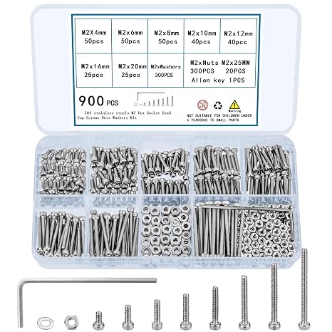 900 Pcs M2 Screws, Nuts and Washers Set - Hex Socket Head Cap Screws Kit - Stainless Steel Bolts Assortment - Metric Machine Screws With Fully Threaded Hex Nuts