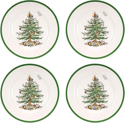 Spode Christmas Tree 10.5 Dinner Plate Set of 4 - Festive Holiday Stoneware Plate with Christmas Tree & Green Borders, Microwave, Dishwasher, Freezer & Oven Safe - Holiday Tableware