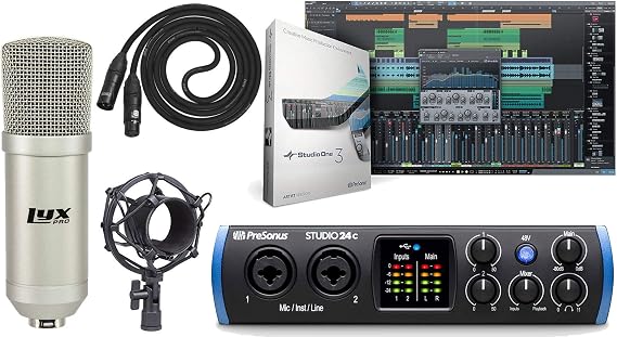 PreSonus Studio 24c 2x2 USB Type-C Audio/MIDI Interface with Studio One Artist Software Kit, Condenser Microphone Shock Cloak and XLR Cable