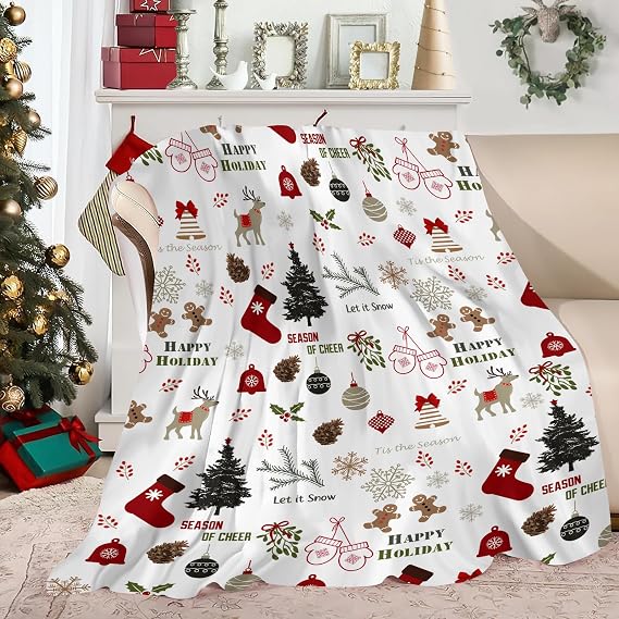 Christmas Throw Blanket Pine Tree Snowflake Deer Gingerbread Throw Blanket Super Soft Warm Bed Blanket Christmas Holiday Decorative Flannel Blankets for Bed Chair Car Sofa Couch Bedroom 40x50 Inch