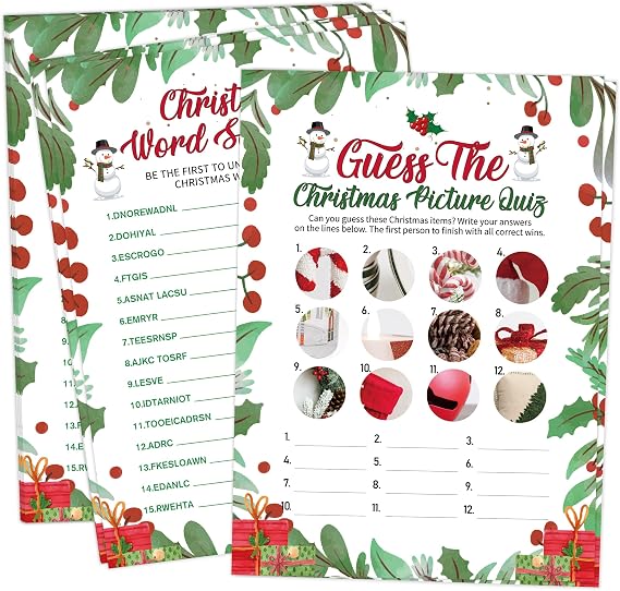 Christmas Party Games Word Scramble & Picture Quiz Bundle - 30 Players, Christmas Games for Family & Adults, Pictionary Game Cards with Answer Key, Winter Activities Groups Party Supplies, 02