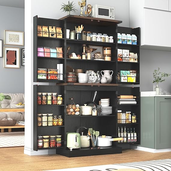 71" Tall Kitchen Pantry Cabinet, Farmhouse Tall Kitchen Storage Cabinet with Adjustable Shelves & 4 Barn Style Doors, Wooden Storage Cabinet for Kitchen, Dining Room, Living Room, Bathroom, Office