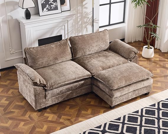 Karl home 87" Sectional Couch 2-Seat Deep Sofa Couch with Ottoman Modern L Shape Sectional Sofa Chenille Upholstered for Living Room, Apartment, Studio, Office, Light Brown