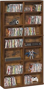 LELELINKY 7 Tier Tall Display Cabinet, Brown Media Storage Cabinet with Adjustable Shelves, Free Standing DVD Organizer Shelf, Floor Multimedia Storage Manga Bookshelf for Living Room & Home Office.