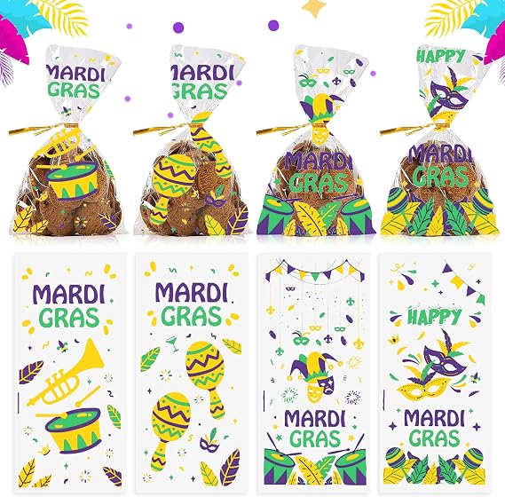 100 Pieces Mardi Gras Cellophane Gift Bags Mardi Gras Candy Bags Carnival Parade Words Masks Cellophane Treat Bags Plastic OPP Bags with 100 Twist Ties for Cookies Candy Mardi Gras Party Decoration