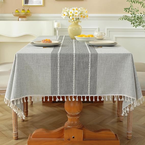 Laolitou Outdoor Table Cloth Rectangular, Waterproof Cotton Linen Tablecloth Wipe Clean Washable Anti-Wrinkle Tassel Design for Garden Picnic Party Kitchen Dinning, 55 x 72 Inch
