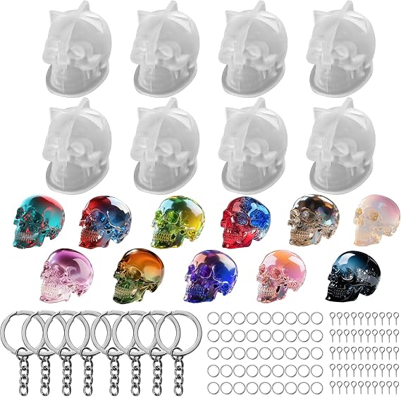 Resin Skull Molds, 8 PCS Flexible Clear Silicone Molds with Key Ring Accessory, 3D Skull Head Molds for Candle Making, Home Decor & Halloween Decoration