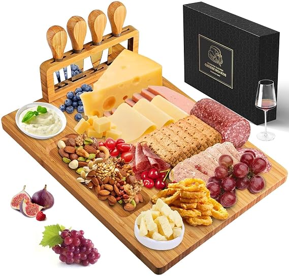 Bamboo Charcuterie Board Set with 4 Cheese Knives, Serving Platter | 4 stainless steel knives, cutting board. Ideal for parties, weddings, wine night, housewarming.