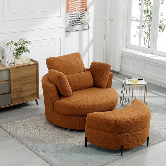 Oversized Swivel Accent Barrel Chair with Storage Ottoman+Pillows, Comfy Chaise Lounge Big Round Cuddler Reading Chair for Living Room Bedroom(Sherpa Caramel with Ottoman)