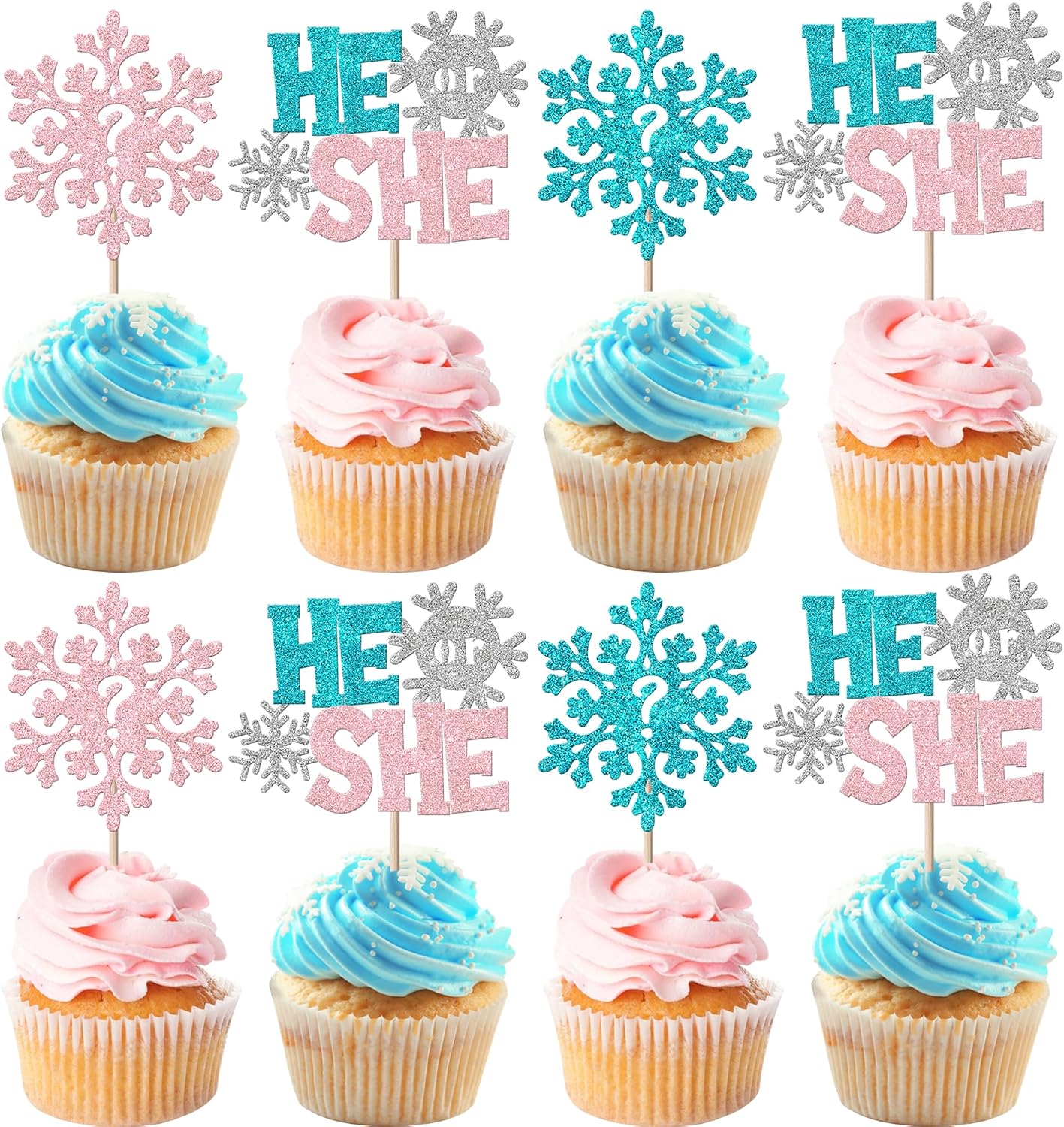 Rsstarxi 24 Pack He or She Snowflake Cupcake Toppers Glitter Snowflake Gender Reveal Cupcake Picks Decorations for Winter Frozen Theme Baby Shower Kids Birthday Party Cake Decorations