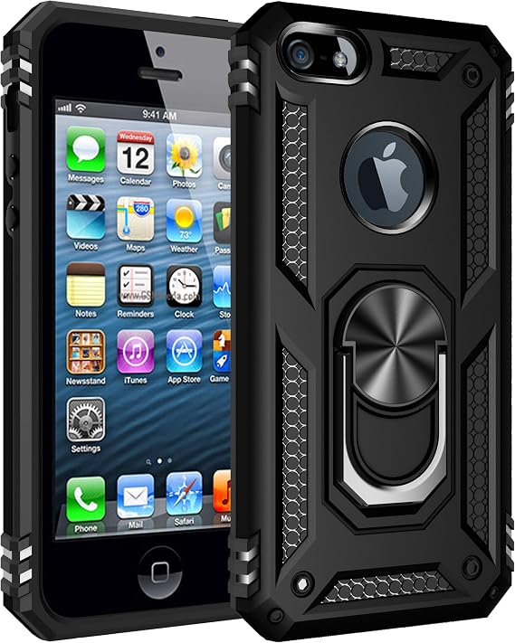 Pelanty for iPhone SE 1st Generation 2016 Case Ring for iPhone 5/5s, Popular TPU + PC Armor Cover, 360° Rotation, Car Holder Compatible, Shockproof, Horizontal Stand Function, iPhone SE 1st Generation/5/5s Smartphone Case, Full Protection, Drop Prevention, Mobile Phone Cover Black