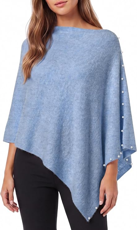 Womens Knitted Poncho Shawl Sweaters Pearl Trim Lightweight Cape