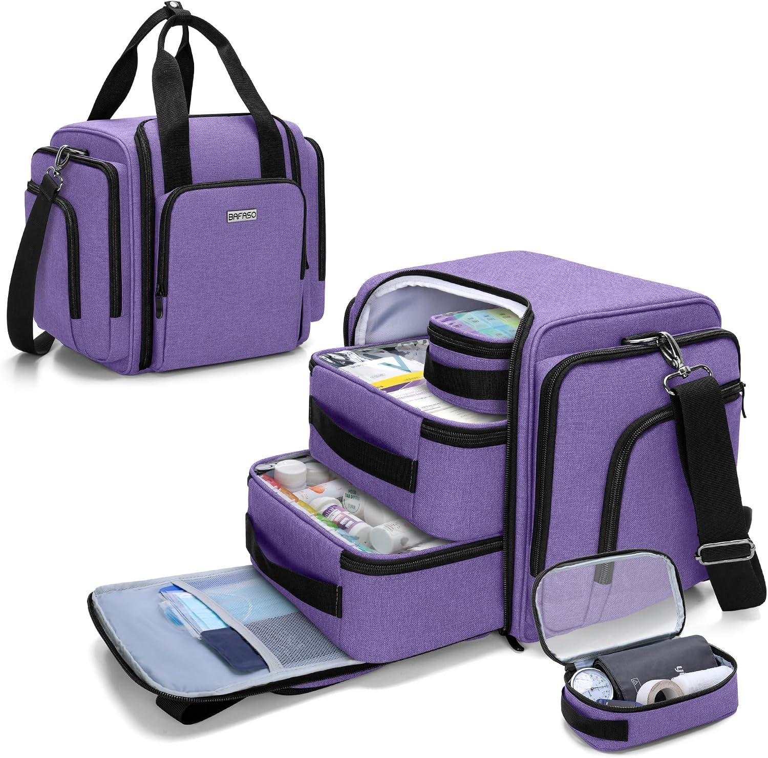 BAFASO Large Pill Bottle Organizer with 4 Inner Removable Pouches, Medicine Bag Come with Shoulder Strap Bag ONLY,Purple