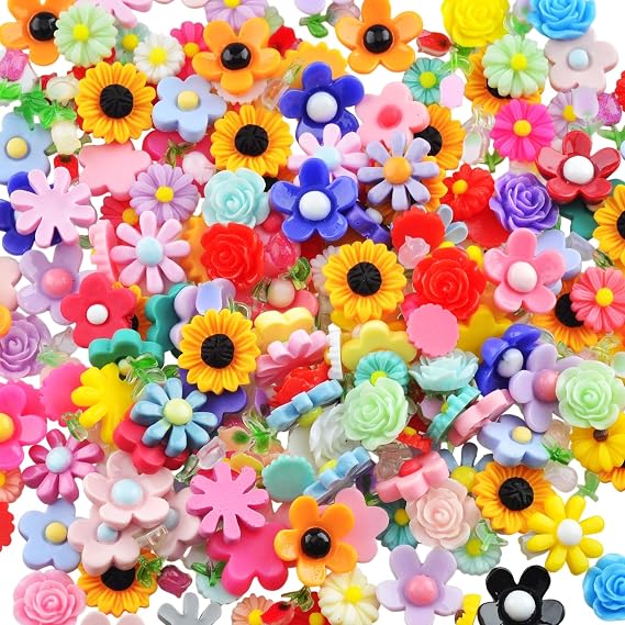 Resin Charms for Crafts 100pcs Kawaii Cute Flat Back Slime Charms Bulk Small Mini Acrylic 3D Flatback Decoden Charm for DIY Hair Clips, Scrapbooking & Embellishments (Flower Mixed)