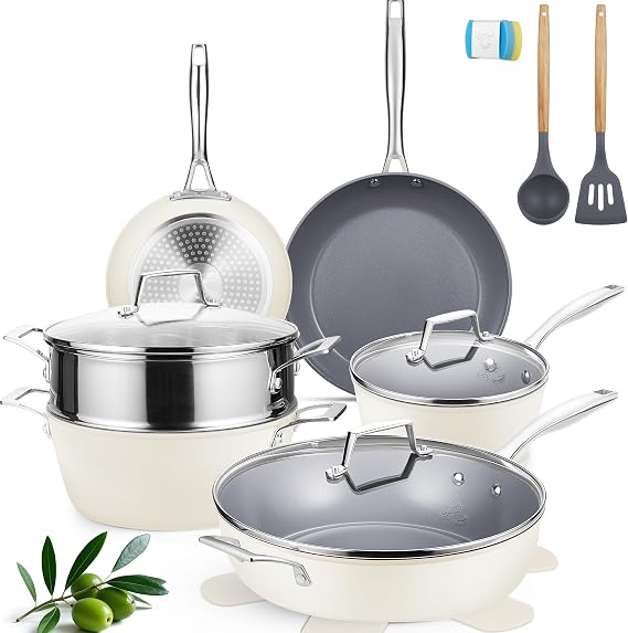 PekGema 16 Pcs Ceramic Cookware Sets, Pots and Pans Set Nonstick, Non Toxic Healthy Non stick Kitchen Cooking Set, PFAS PTFE PFOA FREE, Stay-Cool Handle,Dishwasher-Friendly,Oven-Safe