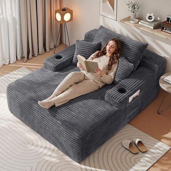 65" Oversized Boneless Chaise Lounge Chair Indoor, Corduroy Sleeper Bed with No Assembly for Living Room, Bedroom, Reading Nook, Lounge, Grey