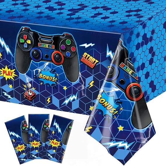 QIYANPAX 3 Pack Video Game Tablecloths, Video Game Birthday Decorations, Gamer Table Cover for Gamer Birthday Party Decorations, 54108 Inch