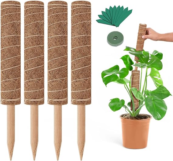 GROWNEER 42 Inch Moss Pole for Plants, 4 Pcs 15 Inch Stackable Coir Totem Support, Moss Sticks with 15pcs Labels and 78in Garden Ties, Monstera and Snake Plants Stake for Climbing Indoor
