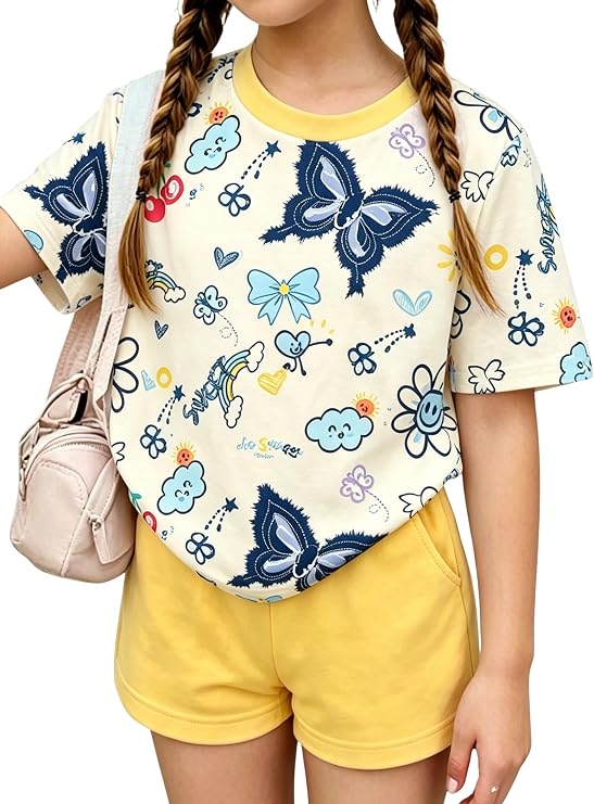 Girls Clothes 2PCS Butterfly Print Short Sleeve T-Shirt + Shorts Set Teen Tween Girls Summer Outfits Set
