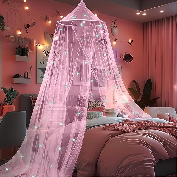 Pink Bed Canopy for Girls with Glow Stars, Princess Canopy Bed Curtains