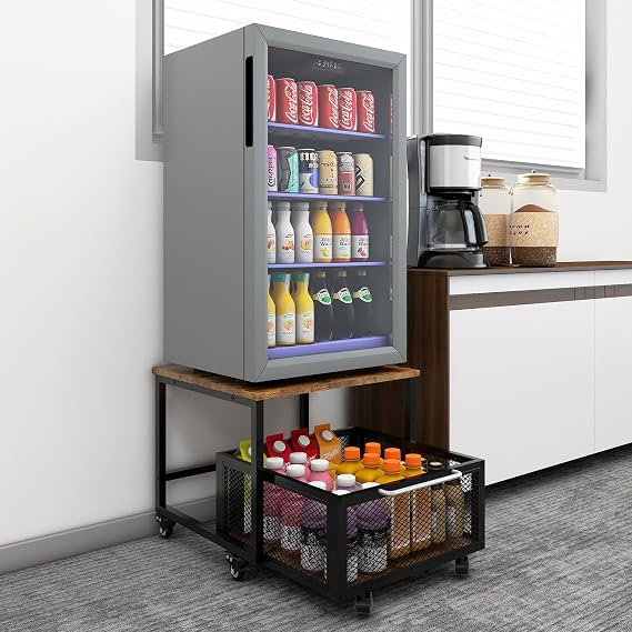 PUNCIA Fridge Stand with Storage and Wheels Rolling Mini Fridge Table